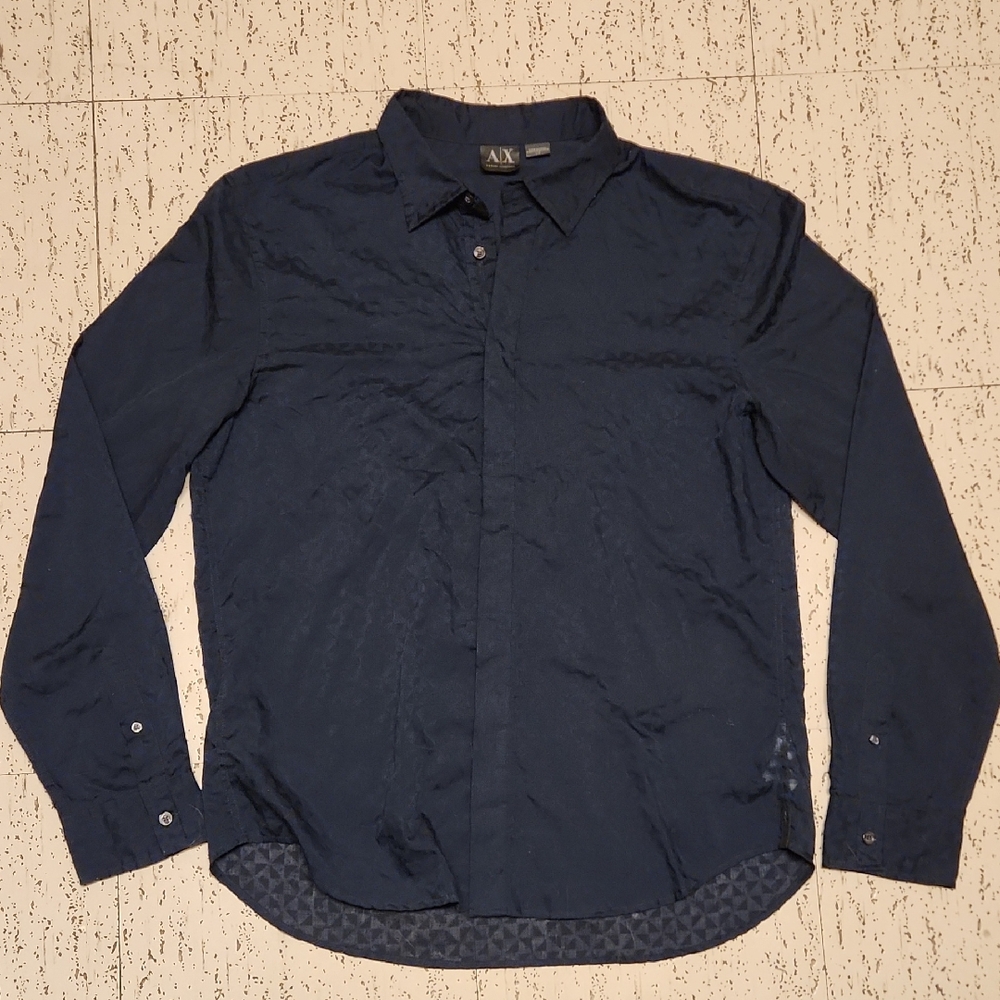 Armani Exchange Navy Blue Button Down Long Sleeve Lightweight Casual Dress Shirt